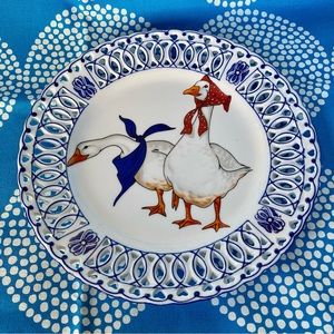 Vintage French Porcelain Lace Boy Girl Geese Decorative Plate